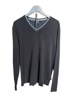 BOSS Hugo Boss V-Neck Long Sleeve Knit Shirt XL Black Gray Quiet Luxury